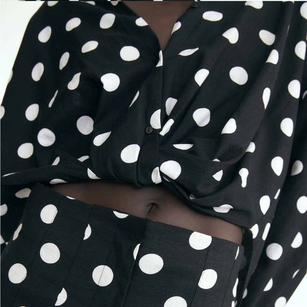 Zara NWT linen black & white polka dot knot front button front long sleeve shirt - Picture 4 of 10